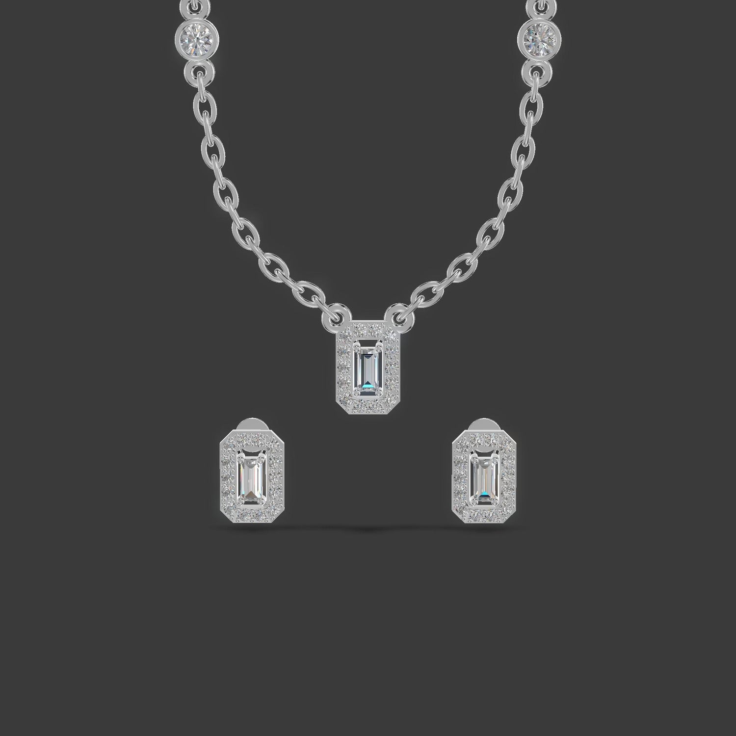 Emerald Halo Baguette Trio Chain Set Silver