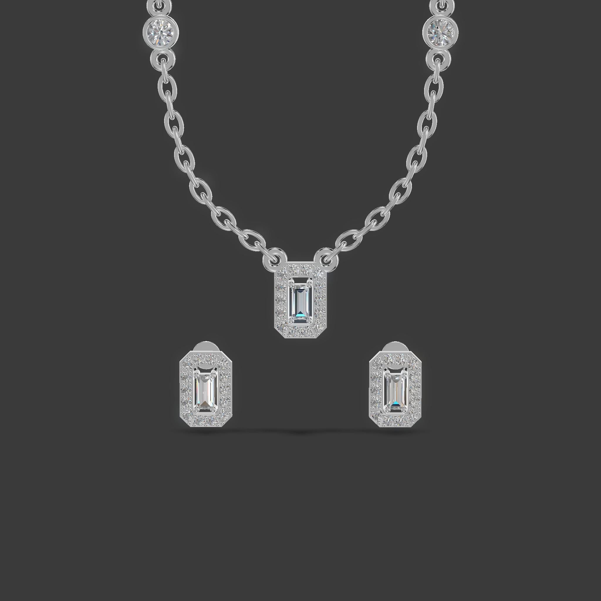 Emerald Halo Baguette Trio Chain Set Silver