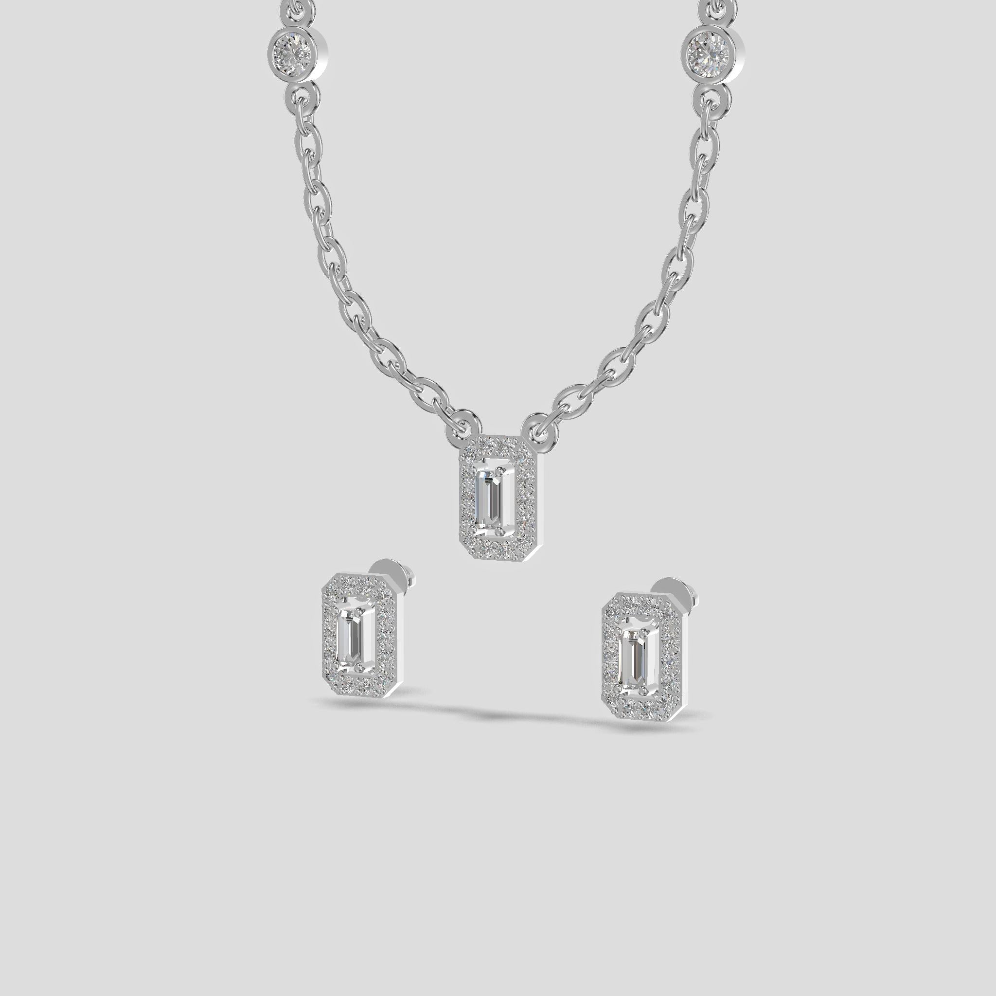 Emerald Halo Baguette Trio Chain Set Silver