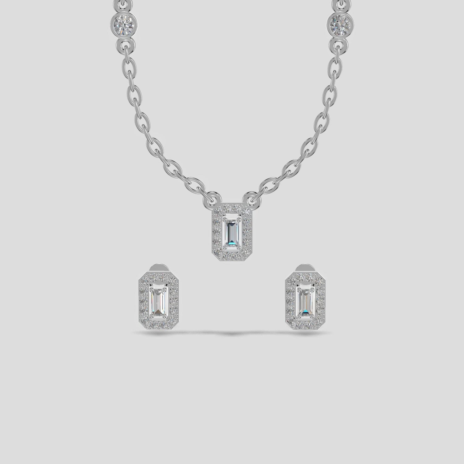 Emerald Halo Baguette Trio Chain Set Silver