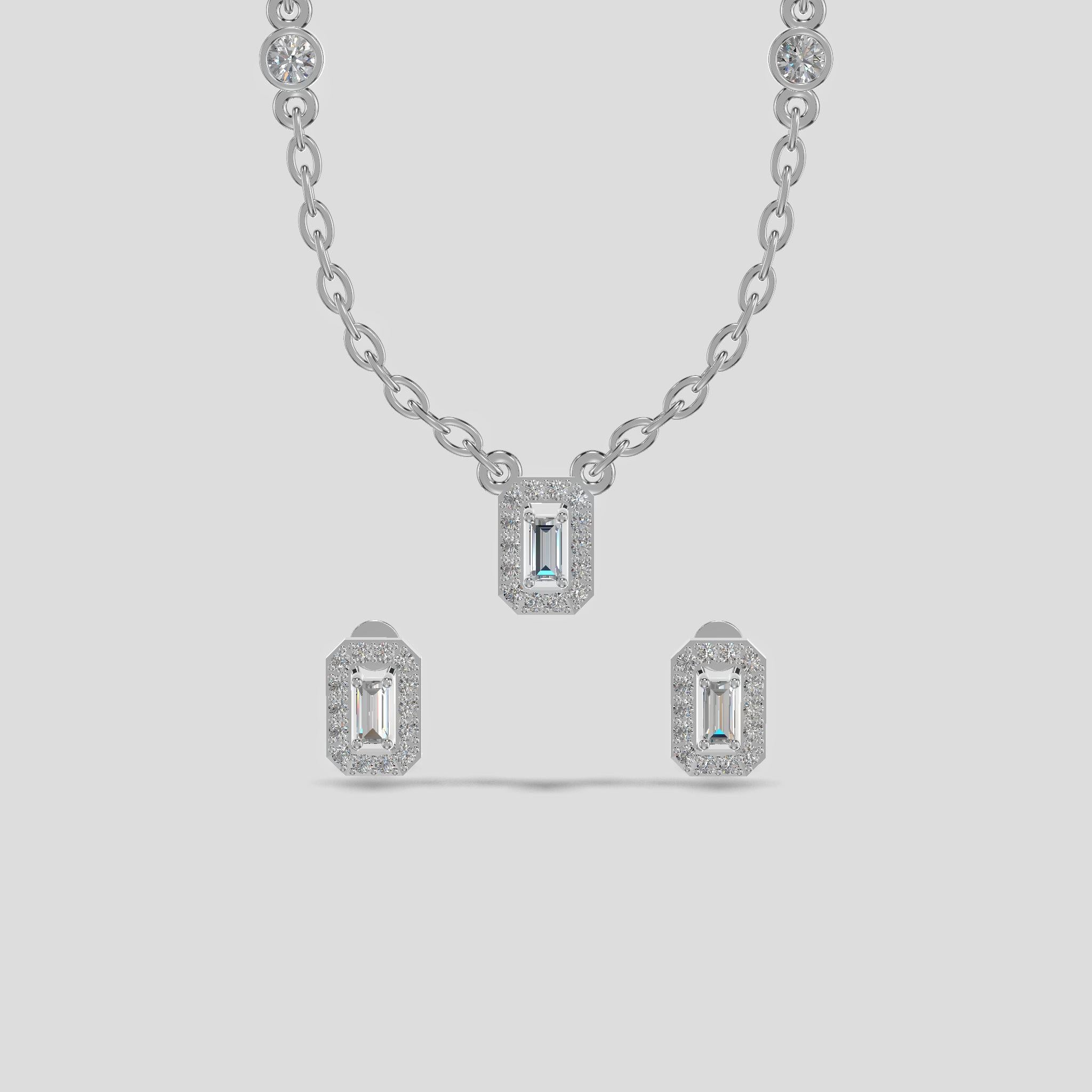 Emerald Halo Baguette Trio Chain Set Silver