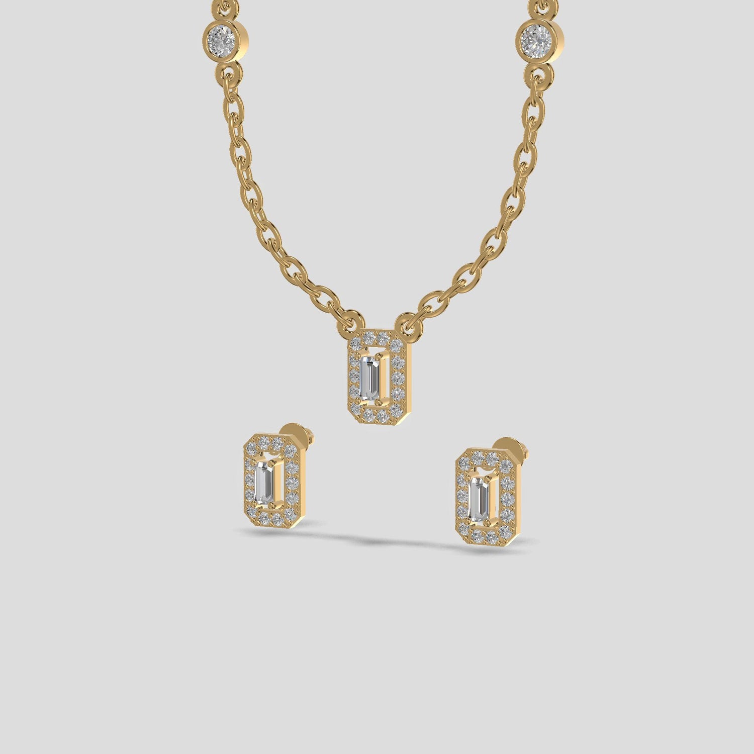 Emerald Halo Baguette Trio Chain Set Gold