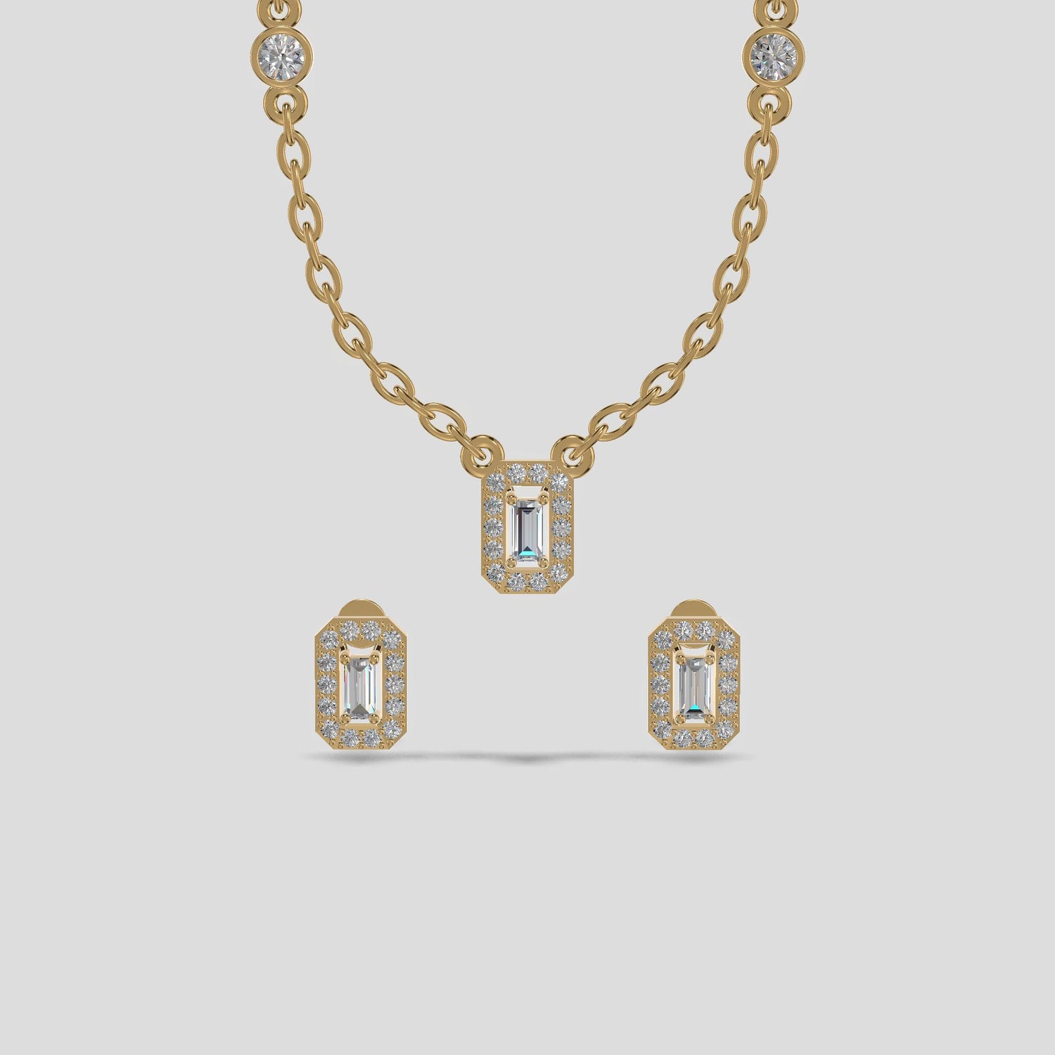 Emerald Halo Baguette Trio Chain Set Gold