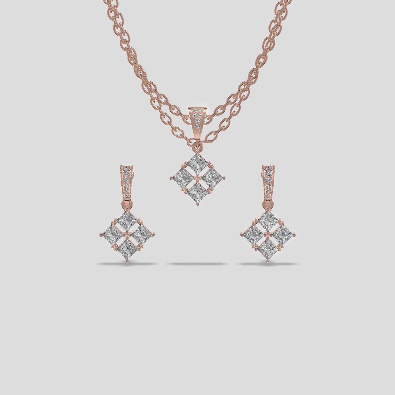 Princess Cluster Chain Set Trio Gold