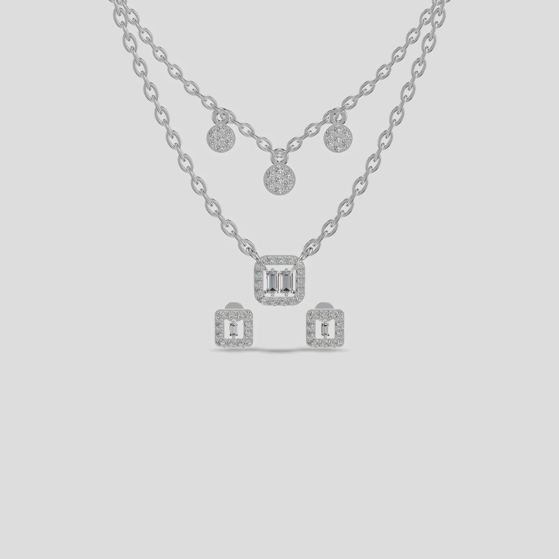 Radiant Duo Lariat &amp; Halo Layered Necklace Silver