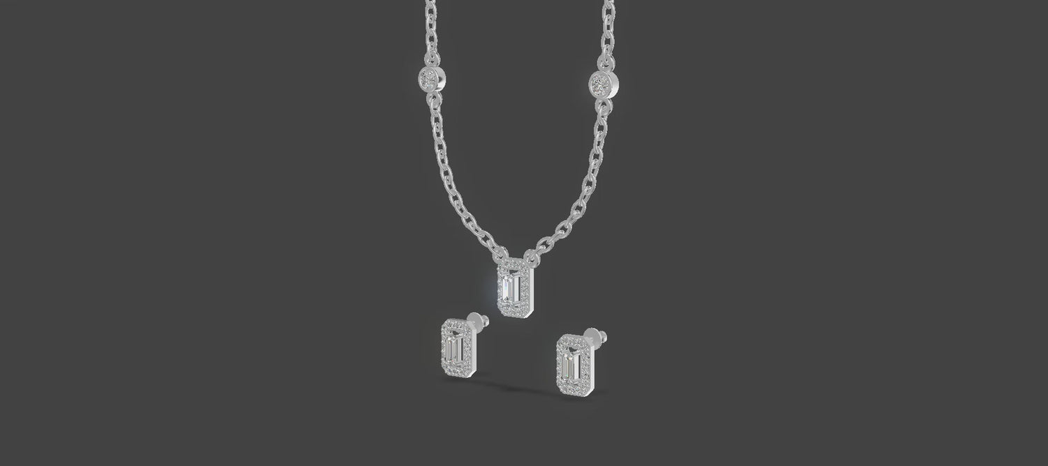 Emerald Halo Baguette Trio Chain Set Silver
