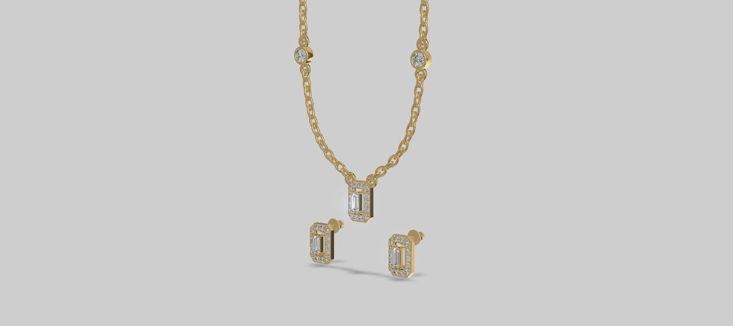 Emerald Halo Baguette Trio Chain Set Gold
