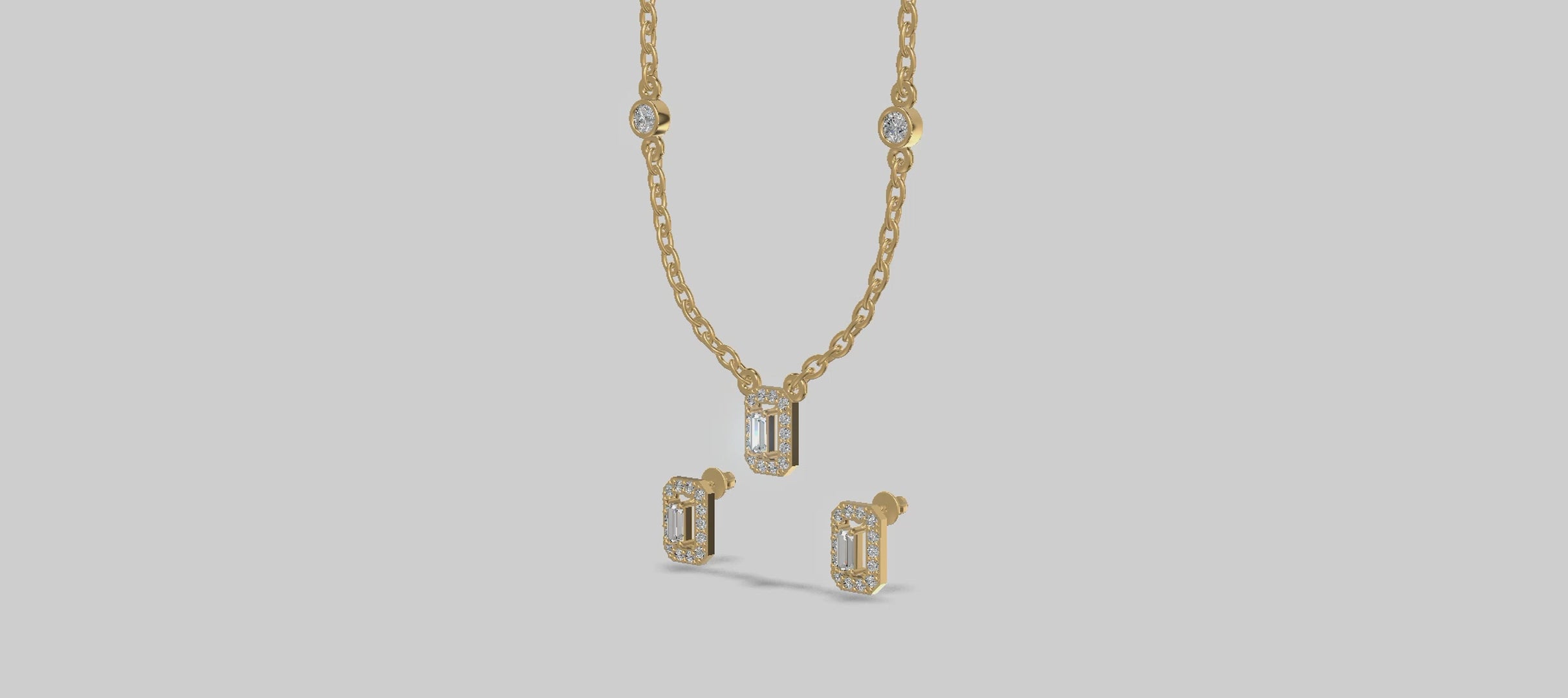 Emerald Halo Baguette Trio Chain Set Gold